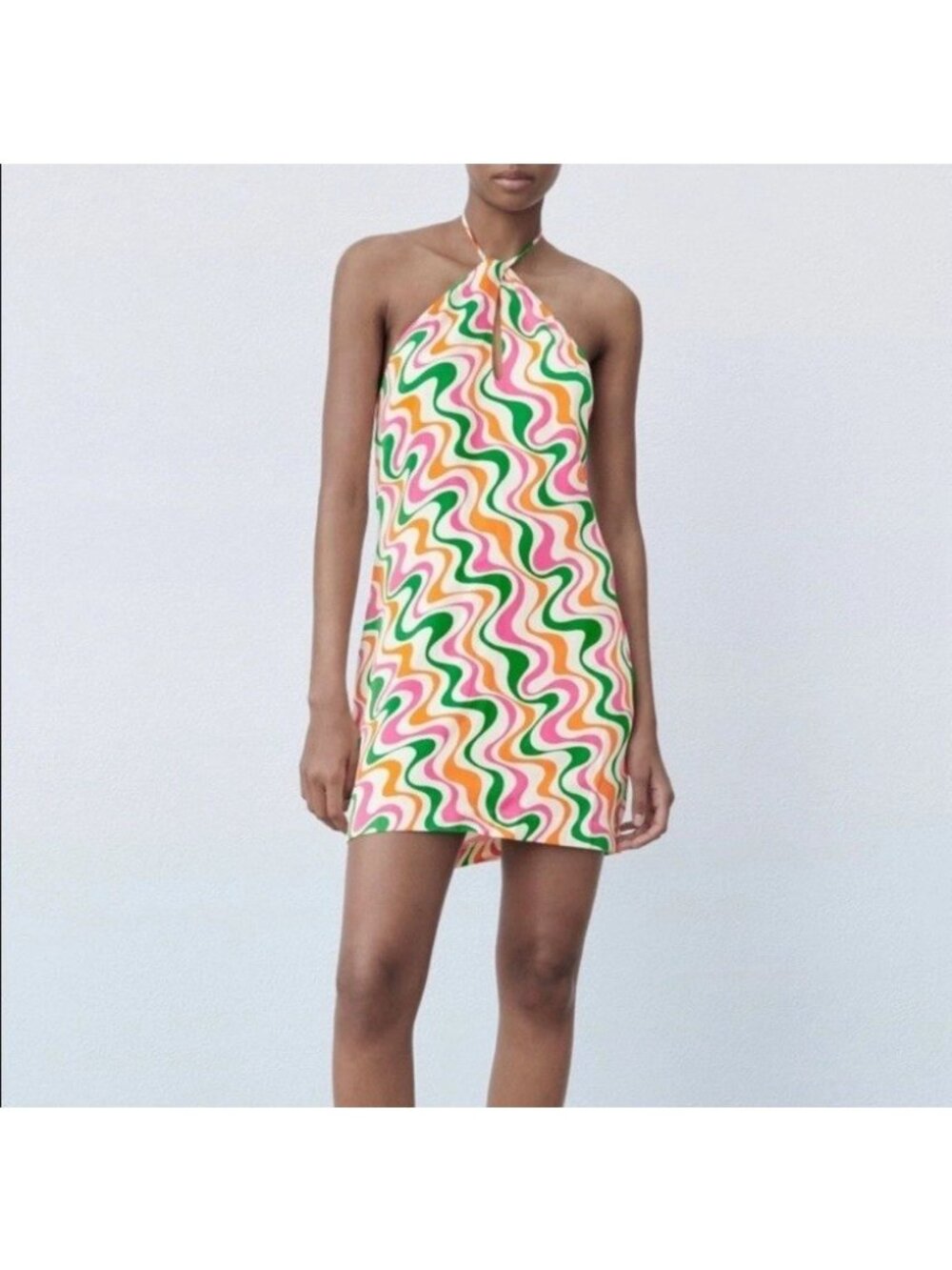 Zara Womens Satin Halter A Line Dress Retro Mini sz M psychedelic Y2K festival
